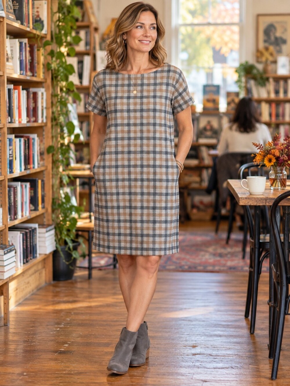 J.Jill Plaid Mixed-Media Shift Dress Size M Gray Taupe Pockets